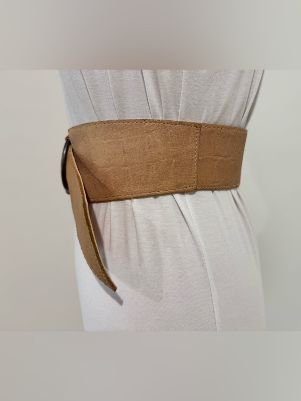 Wide Tan Waist Belt with Antique Metal Ring Buckle - Picture 3 of 7